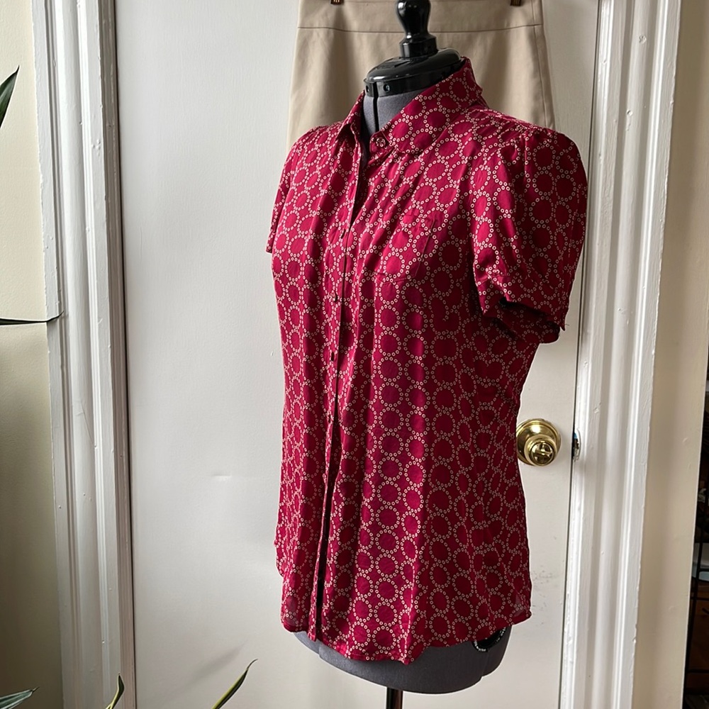 Red silk short sleeved blouse. Banana Republic.